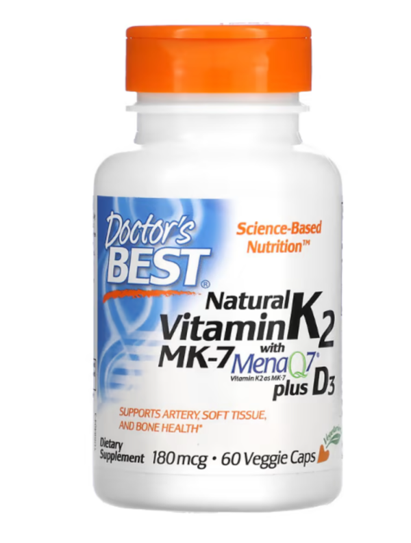 Doctor's Best, Natural Vitamin K2 MK-7 with MenaQ7 plus D3, 180 mcg, 60 Veggie Caps