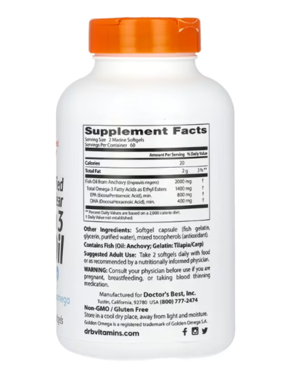 Doctor's Best, Purified & Clear Omega 3 Fish Oil with Goldenomega, 1,000 mg, 120 Marine Softgels