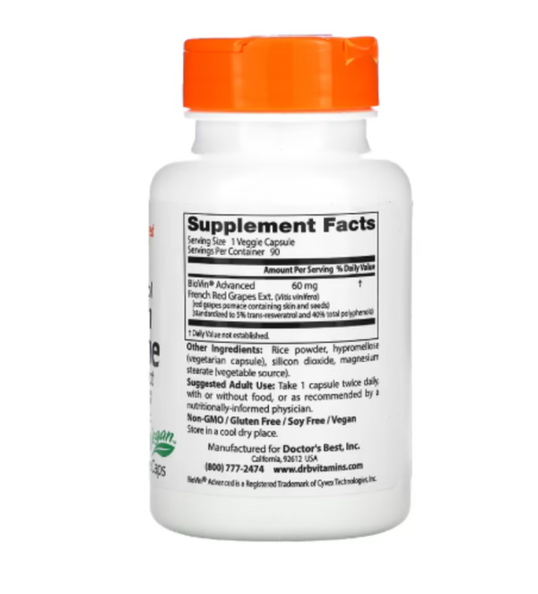Doctor's Best, Resveratrol French Red Wine Grape Extract, 60 mg, 90 Veggie Caps