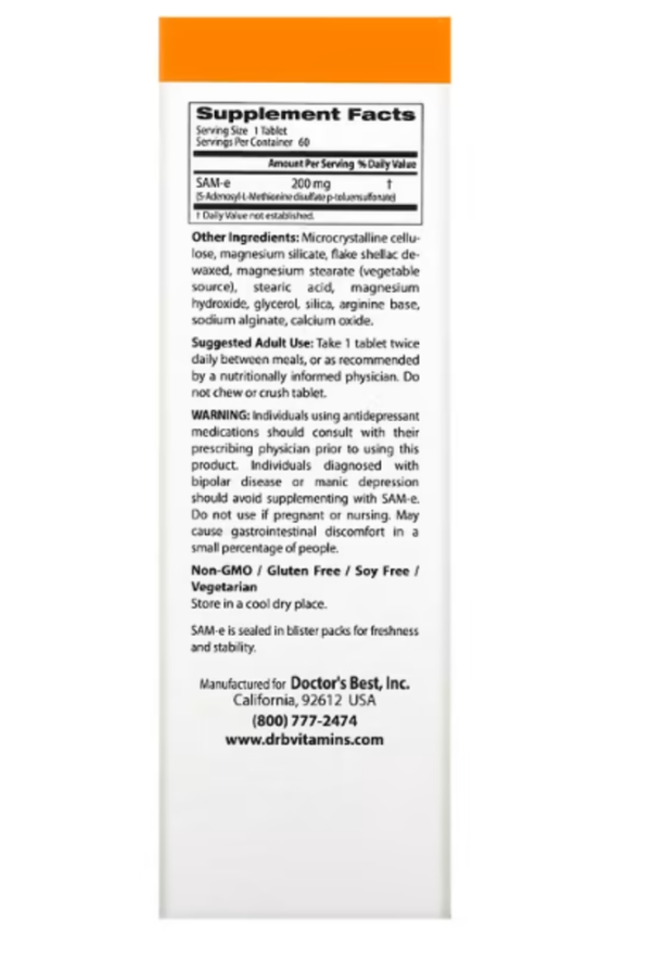 Doctor's Best, SAMe (Disulfate Tosylate), 200 mg, 60 Enteric Coated Tablets