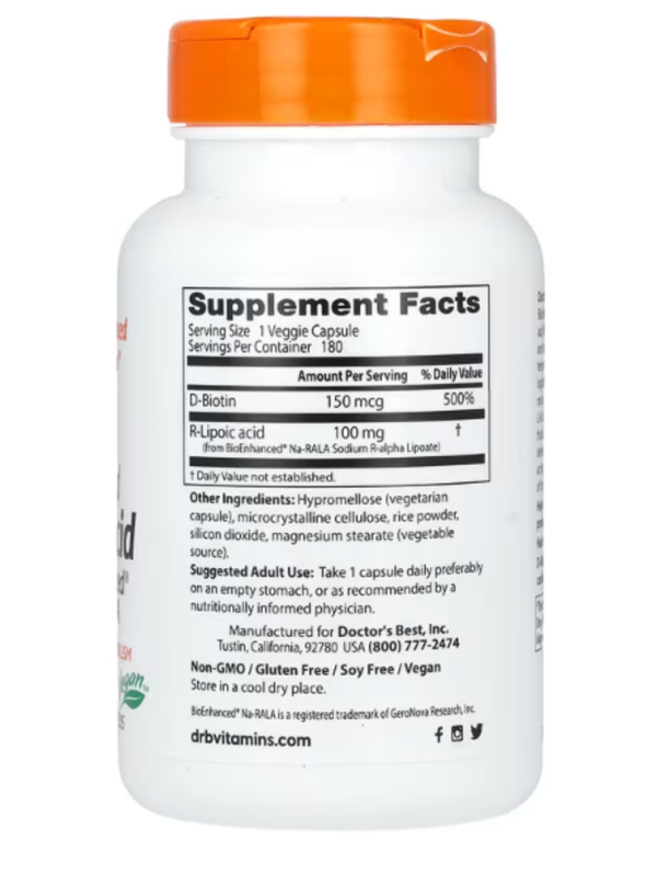 Doctor's Best, Stabilized R-Lipoic Acid with BioEnhanced Na-RALA, 100 mg, 180 Veggie Caps