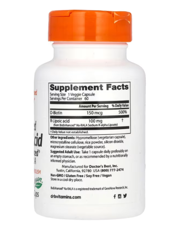 Doctor's Best, Stabilized R-Lipoic Acid with BioEnhanced Na-RALA, 100 mg, 60 Veggie Caps