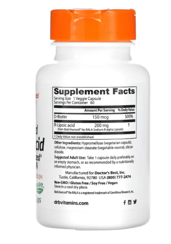 Doctor's Best, Stabilized R-Lipoic Acid with BioEnhanced Na-RALA, 200 mg, 60 Veggie Caps
