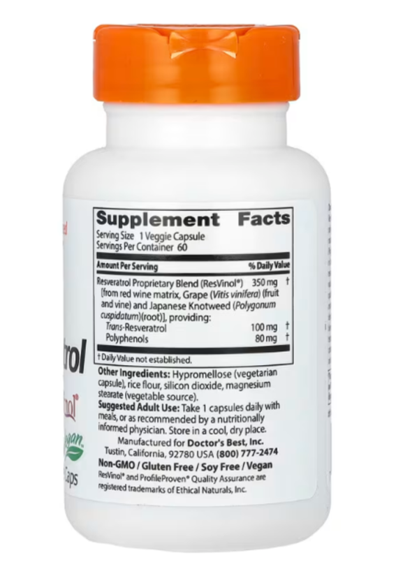 Doctor's Best, Trans-Resveratrol with Resvinol, 100 mg, 60 Veggie Caps