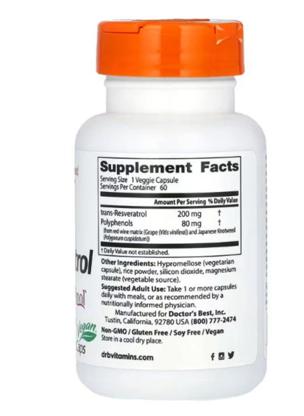 Doctor's Best, Trans-Resveratrol with Resvinol, 200 mg, 60 Veggie Caps