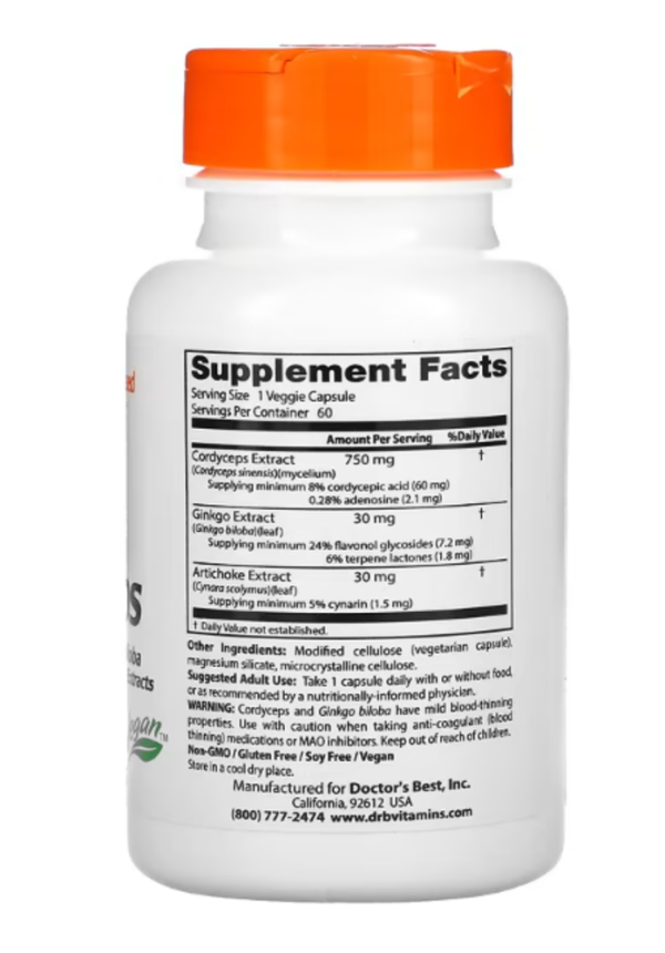 Doctor's Best, Ultra Cordyceps Plus with Ginkgo Biloba and Artichoke Extracts, 60 Veggie Caps