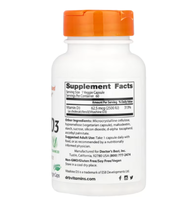 Doctor's Best, Vegan D3 with Vitashine D3, 62.5 mcg (2,500 IU), 60 Veggie Caps