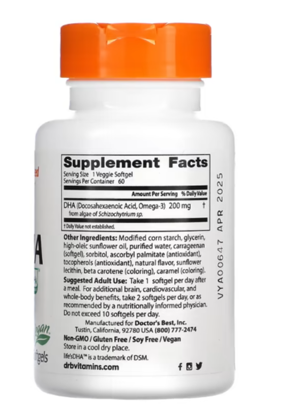 Doctor's Best, Vegan DHA from Algae with Life's DHA, 200 mg, 60 Veggie Softgels