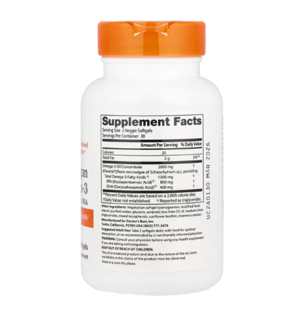 Doctor's Best, Vegan Omega-3, 2,000 mg, 60 Veggie Softgels (1,000 mg per Softgel)
