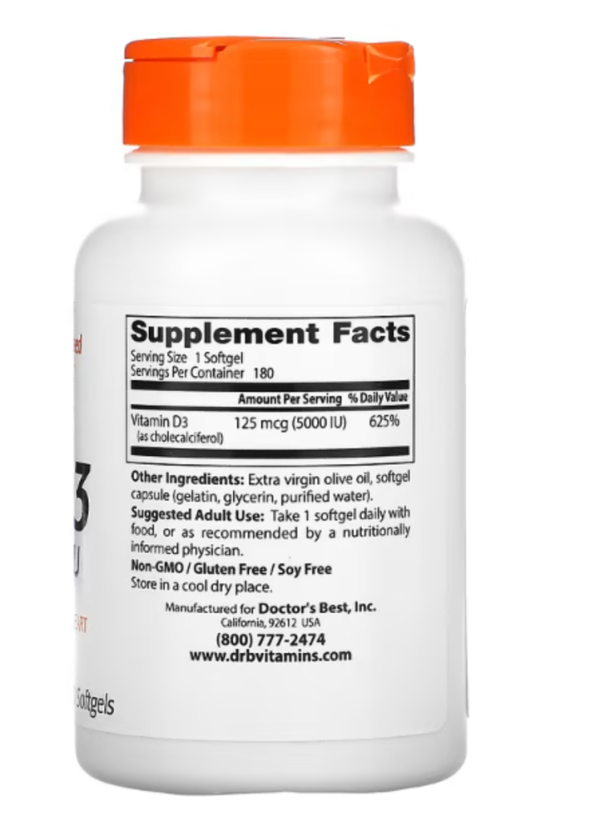 Doctor's Best, Vitamin D3, 125 mcg (5,000 IU), 180 Softgels