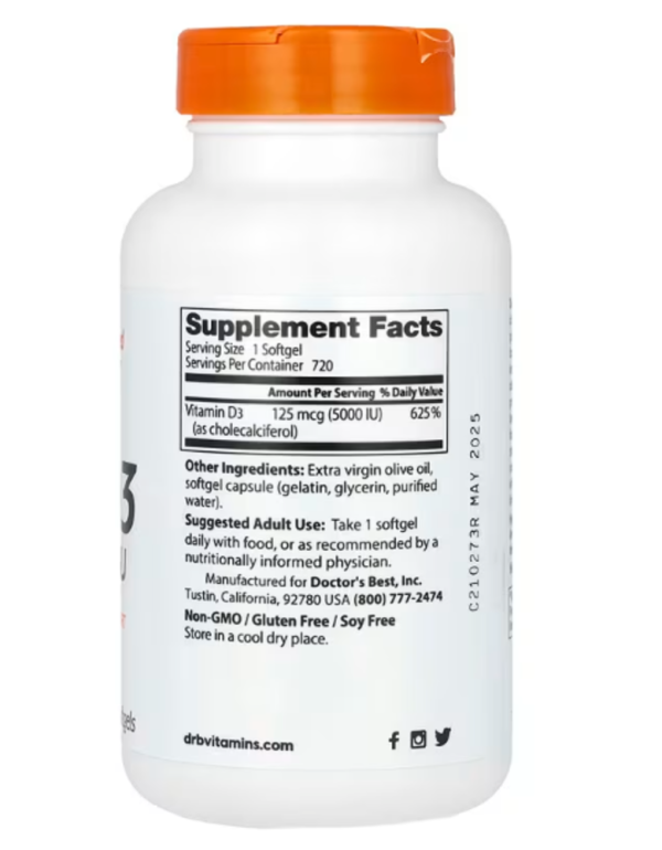 Doctor's Best, Vitamin D3, 125 mcg (5,000 IU), 720 Softgels