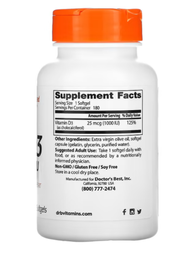 Doctor's Best, Vitamin D3, 25 mcg (1,000 IU), 180 Softgels