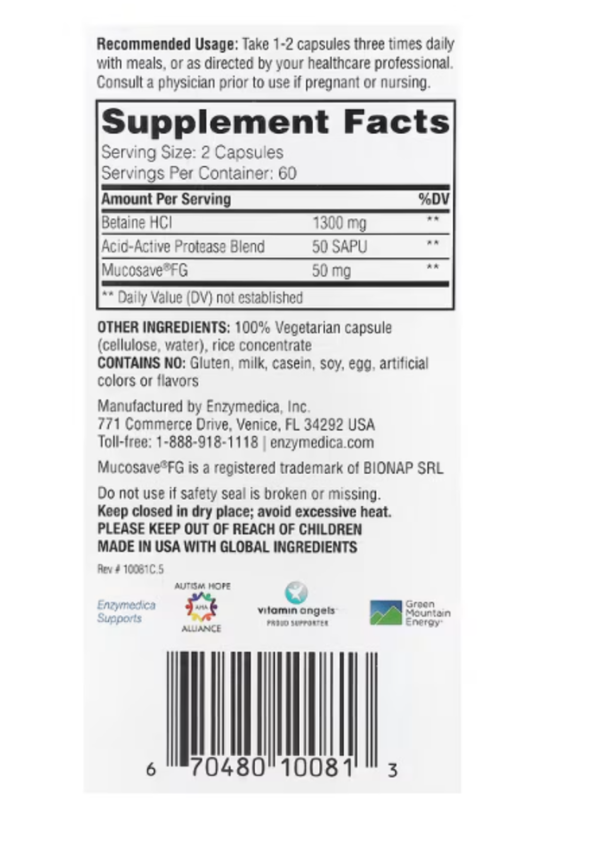 Enzymedica, Betaine HCl, 120 Capsules