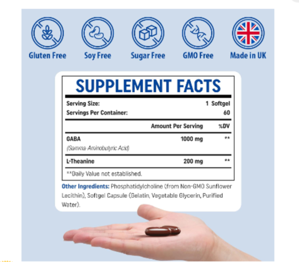 Genogna, GABA with L-Theanine Supplement 1200mg - High Bioavailable Liposomal GABA Supplements, 60 Capsules for Adults