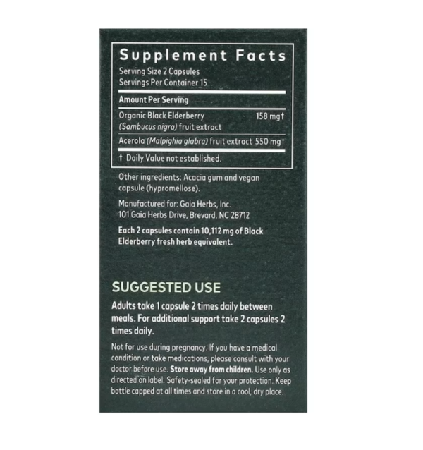 Gaia Herbs, Black Elderberry with Acerola Fruit, 30 Vegan Capsules