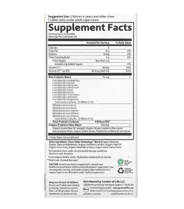 Garden of Life, Dr. Formulated Probiotics, Organic Kids +, Tasty Organic Berry Cherry, 30 Yummy Chewables
