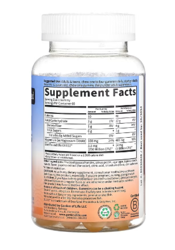 Garden of Life, Magnesium with Pre & Probiotics Gummies, Orange Creme, 60 Gummies