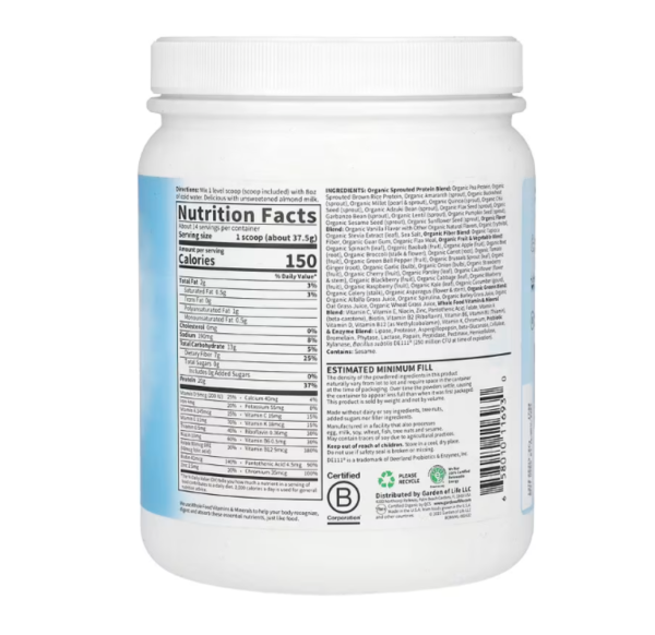Garden of Life, RAW Organic, Meal Replacement Shake, Vanilla, 1 lb 2.52 oz (525 g)