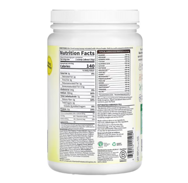 Garden of Life, RAW Organic Protein, Plant-Based, Chocolate, 24.69 oz (700 g)