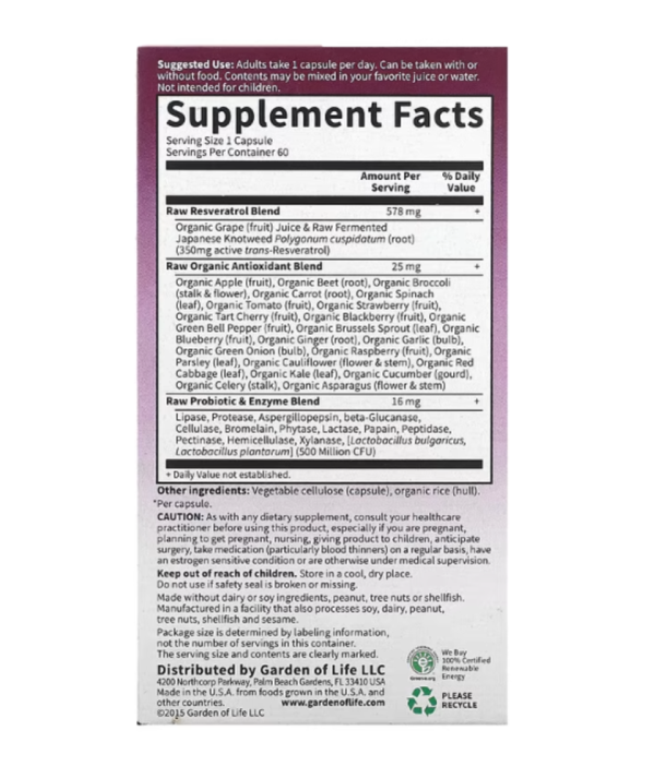 Garden of Life, RAW Resveratrol, 350 mg, 60 Vegan Capsules