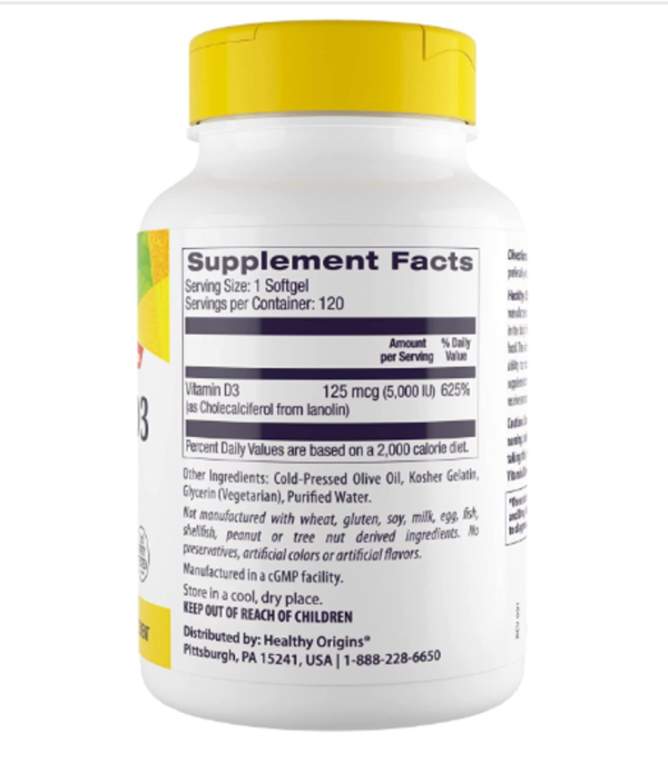 Healthy Origins, Vitamin D3, 5,000 IU, 120 Softgels