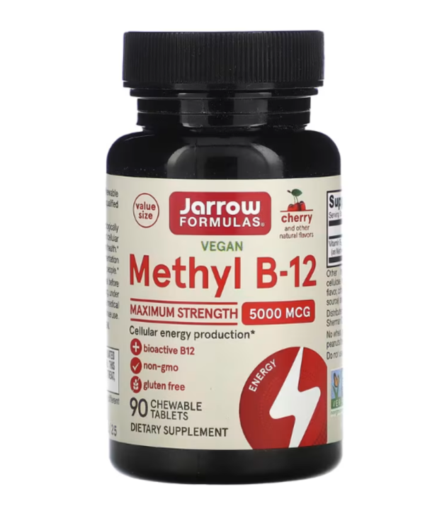 Jarrow Formulas, Vegan Methyl B-12, Maximum Strength, Cherry, 5,000 mcg, 90 Chewable Tablets