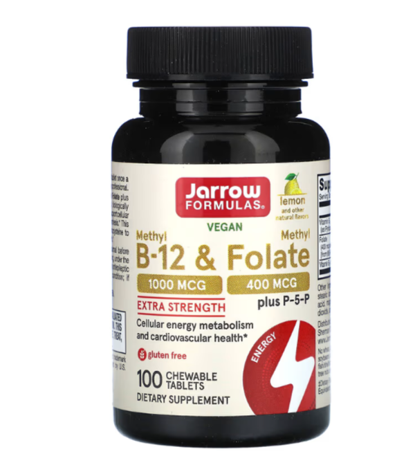 Jarrow Formulas, Vegan Methyl B-12 & Methyl Folate, Extra Strength, Lemon, 100 Chewable Tablets