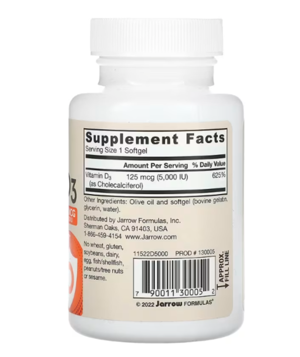 Jarrow Formulas, Vitamin D3, Maximum Strength, 125 mcg (5,000 IU), 100 Softgels