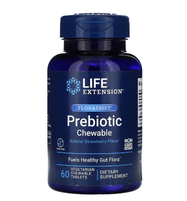 Life Extension, Florassist Prebiotic Chewable, Natural Strawberry , 60 Vegetarian Chewable Tablets
