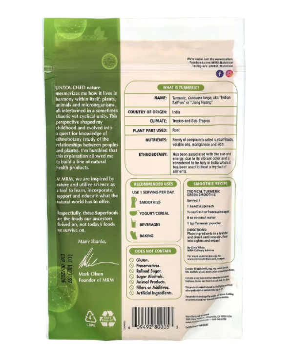 MRM, RAW Organic Turmeric Root Powder, 6 oz (170 g)