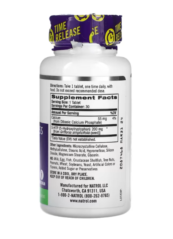 Natrol, 5-HTP, Time Release, Maximum Strength, 200 mg, 30 Tablets