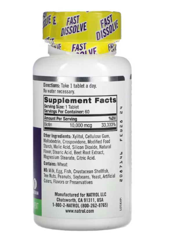Natrol, Biotin, Fast Dissolve, Maximum Strength, Strawberry, 10,000 mcg, 60 Tablets