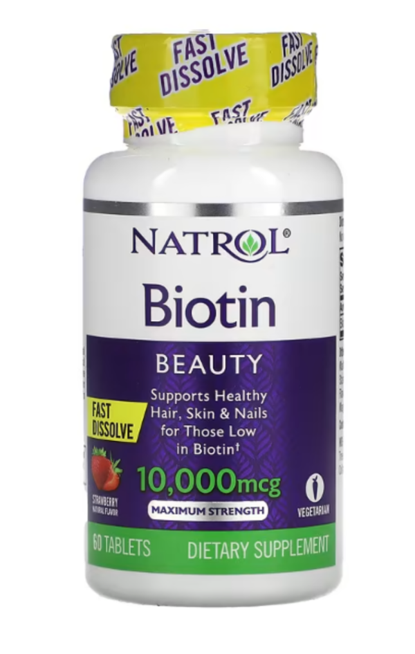 Natrol, Biotin, Fast Dissolve, Maximum Strength, Strawberry, 10,000 mcg, 60 Tablets