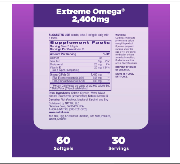 Natrol, Extreme Omega, Lemon, 2,400 mg, 60 Softgels (1,200 mg per Softgel)