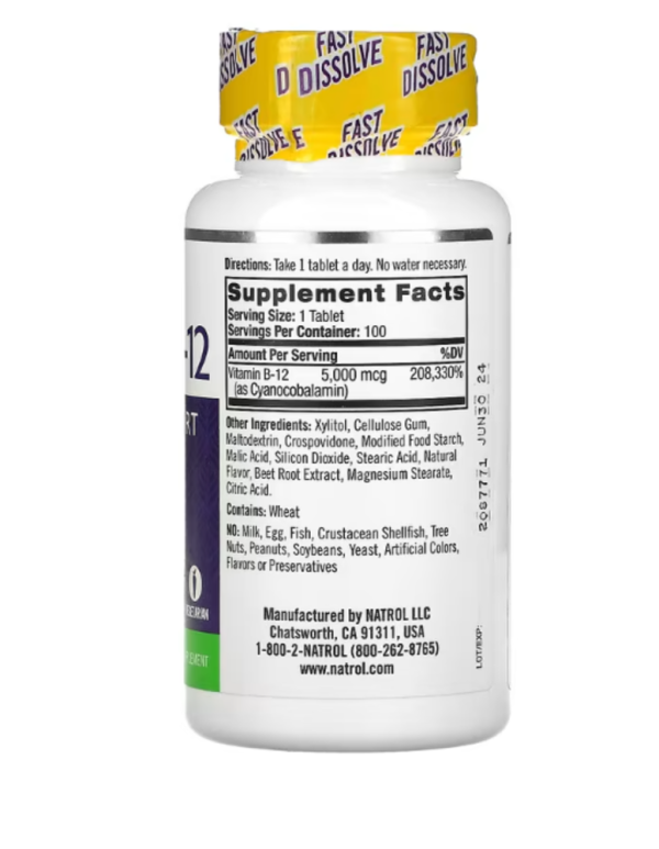 Natrol, Vitamin B-12, Fast Dissolve, Maximum Strength, Strawberry, 5,000 mcg, 100 Tablets