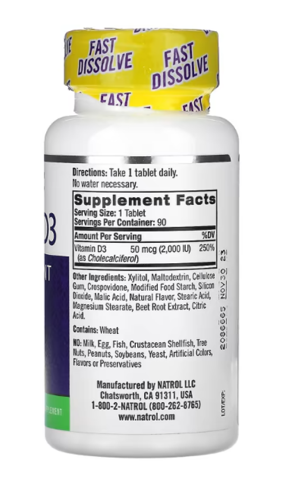 Natrol, Vitamin D3, Bone & Joint Health, Strawberry , 2,000 IU, 90 Tablets