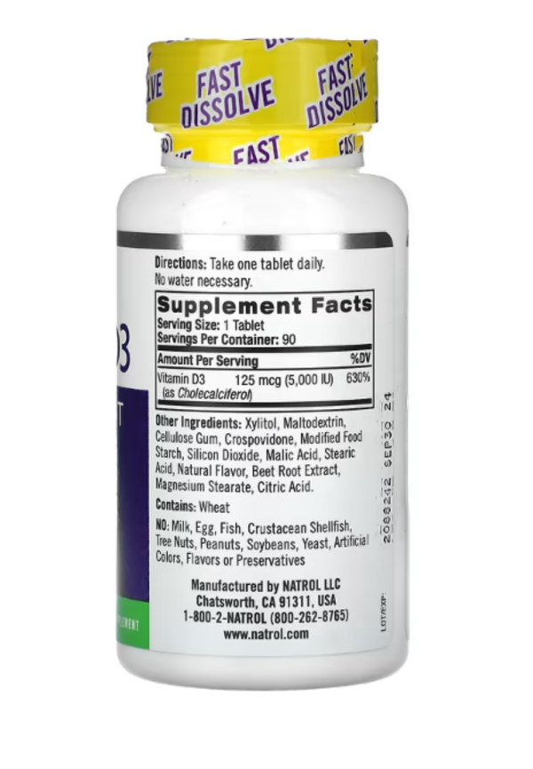 Natrol, Vitamin D3, Bone & Joint Health, Strawberry Natural Flavor, 5,000 IU, 90 Tablets