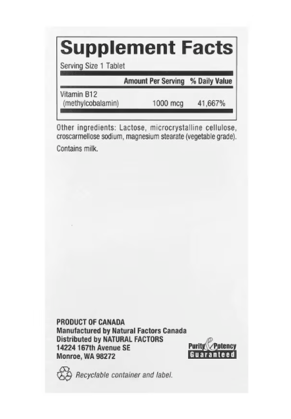 Natural Factors, B12, Methylcobalamin, 1,000 mcg, 90 Chewable Tablets