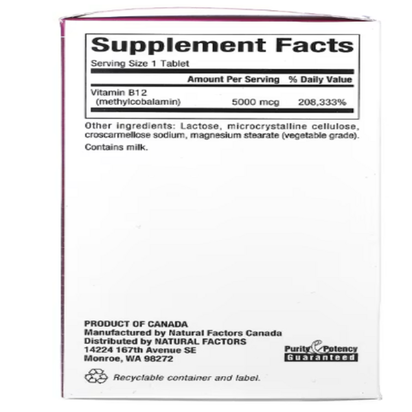 Natural Factors, B12, Methylcobalamin, 5,000 mcg, 60 Chewable Tablets