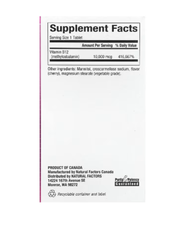 Natural Factors, B12 Methylcobalamin, Cherry, 10,000 mcg, 30 Chewable Tablets