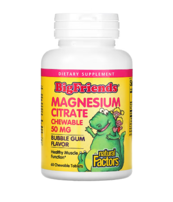 Natural Factors, Big Friends, Magnesium Citrate, Bubble Gum, 50 mg, 60 Chewable Tablets