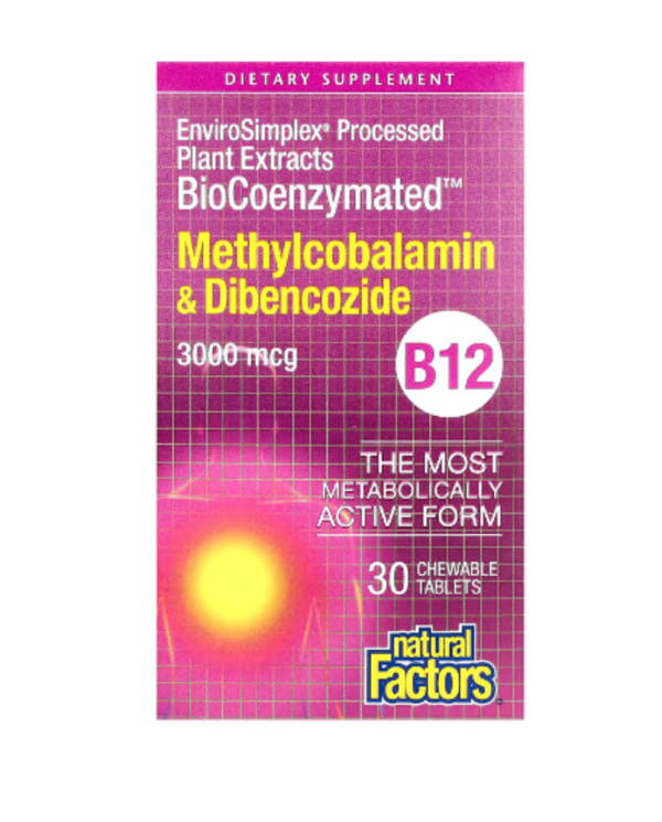Natural Factors, BioCoenzymated, Methylcobalamin & Dibencozide, B12, 3,000 mcg, 30 Chewable Tablets