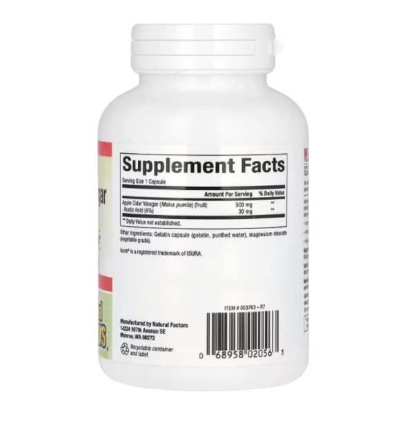 Natural Factors, Fermented Apple Cider Vinegar, 500 mg, 180 Easy to Swallow Capsules