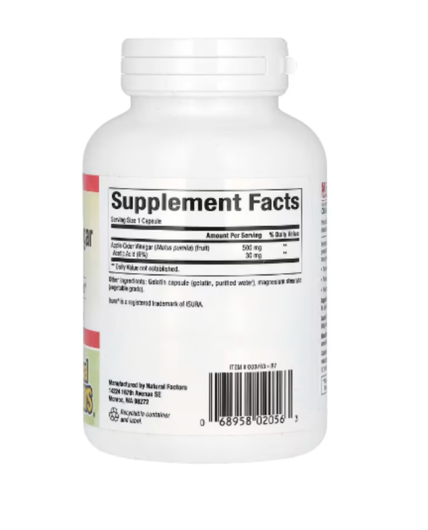Natural Factors, Fermented Apple Cider Vinegar, 500 mg, 180 Easy to Swallow Capsules, Near EXP- Jun-2025