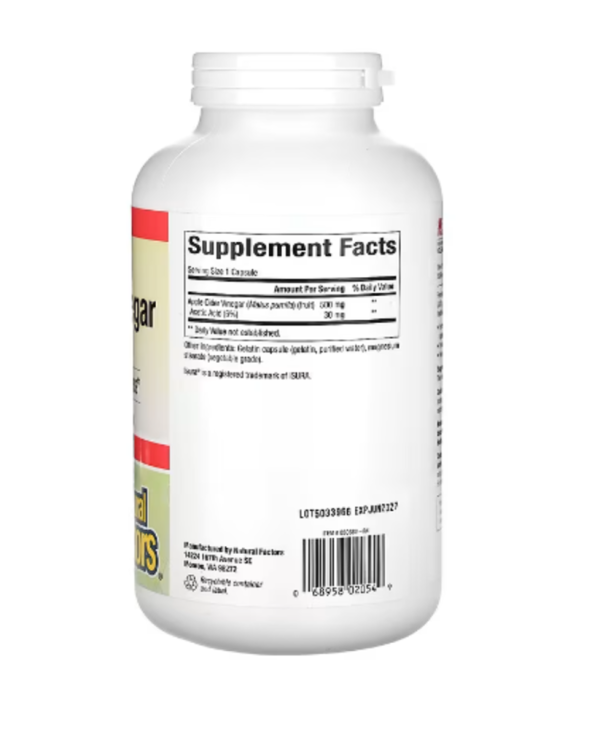 Natural Factors, Fermented Apple Cider Vinegar, 500 mg, 360 Easy-to -Swallow Capsules