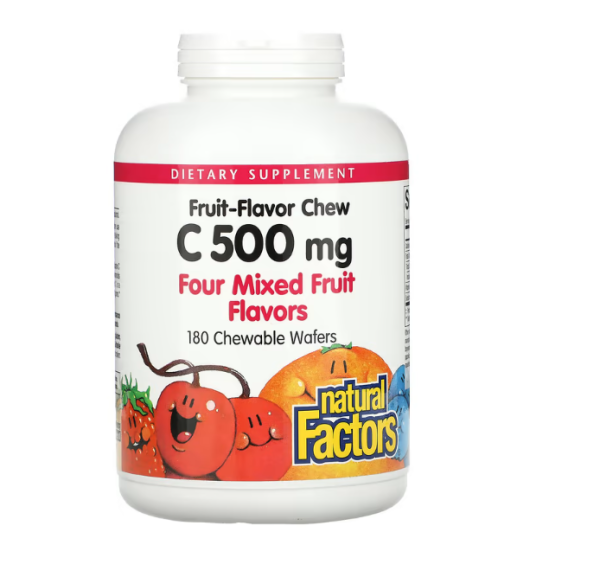 Natural Factors, Fruit-Flavor Chew Vitamin C, Four Mixed Fruit Flavors, 500 mg, 180 Chewable Wafers