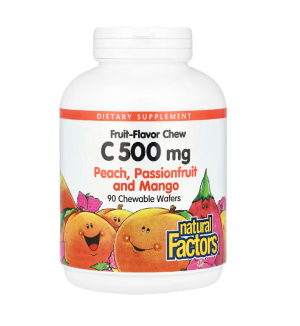 Natural Factors, Fruit-Flavor Chew Vitamin C, Peach, Passionfruit and Mango, 500 mg, 90 Chewable Wafers