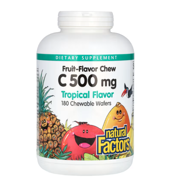 Natural Factors, Fruit-Flavor Chew Vitamin C, Tropical, 500 mg, 180 Chewable Wafers