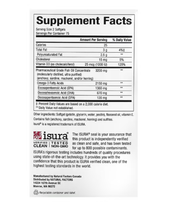 Natural Factors, RxOmega-3 with Vitamin D3, Ultra Strength, 2,150 mg, 150 Softgels (1,075 mg per Softgel)
