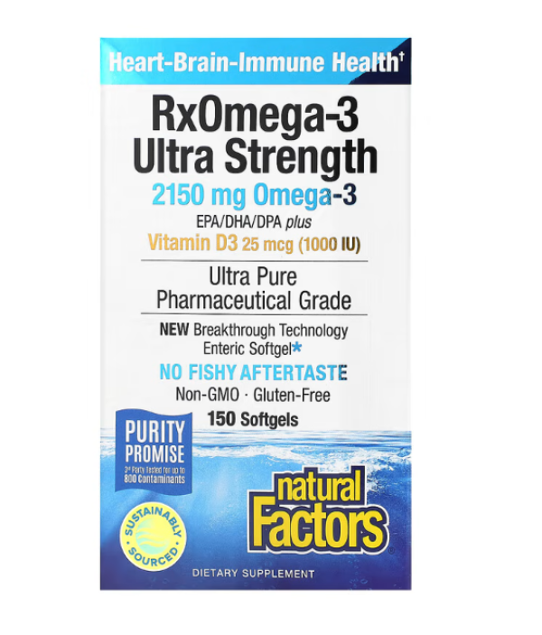 Natural Factors, RxOmega-3 with Vitamin D3, Ultra Strength, 2,150 mg, 150 Softgels (1,075 mg per Softgel)